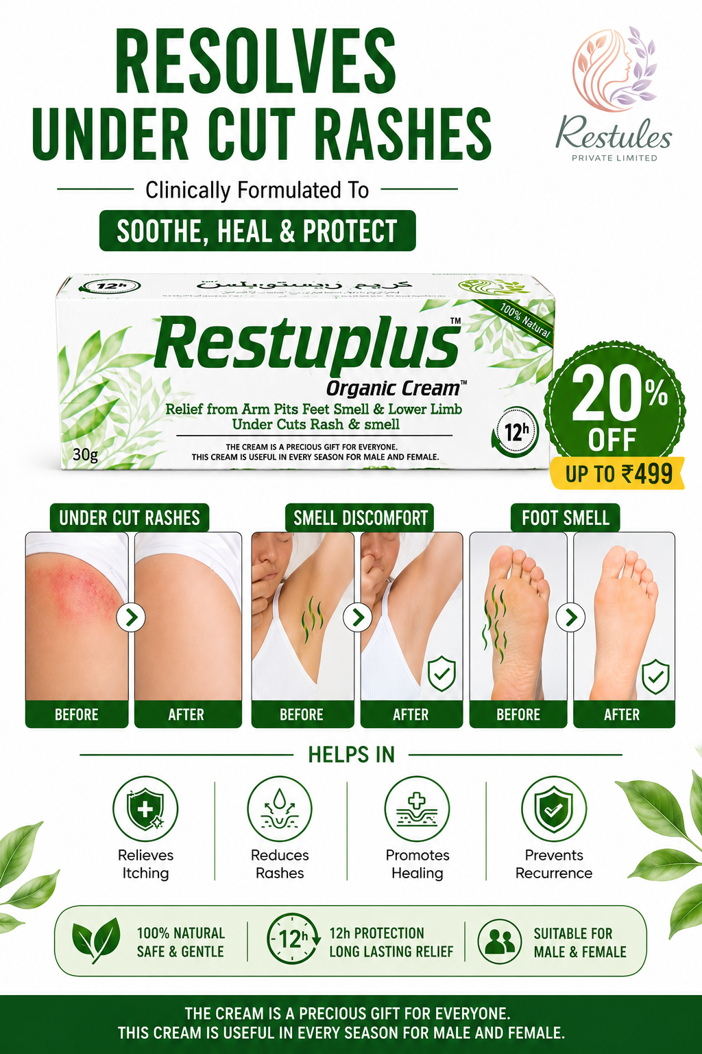 Restuplus Organic Body Odor & Feet Smell Control Cream – For Underarms, Feet, Groin & Rash / Chafing Care (30g)